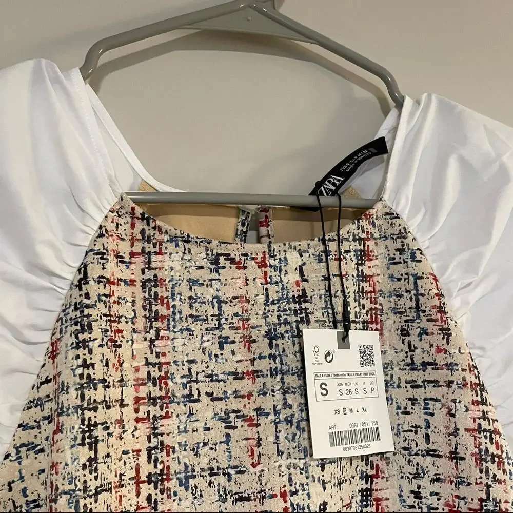 NWT Zara White Puff Sleeve Top striped check Small